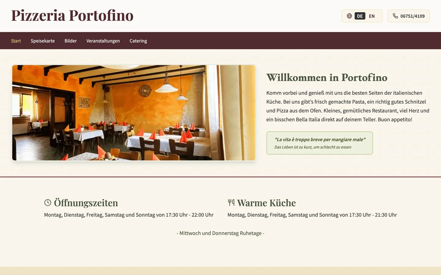 Startseite von Pizzeria Portofino auf dem Computer